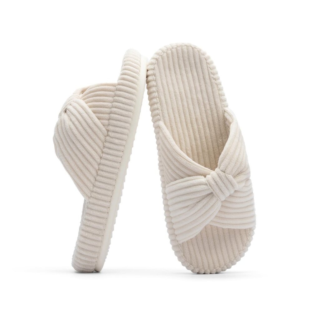 Memory Foam Corduroy Bow Slippers Elegant Retro Chic Comfy House Shoes